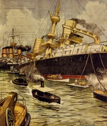 Das auf Grund gelaufene Schlachtschiff Andrea Doria bei Gallipoli, von Achille Beltrame (1871-1945), aus La Domenica del Corriere