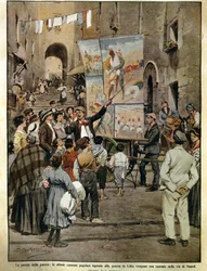 Die Domenica del Corriere (italienische Sonntagszeitung) vom 8. Dezember 1910, Volkslieder inspiriert vom Krieg in Libyen, gesungen in Neapel von Balladensängern, von Achille Beltrame, Illustration