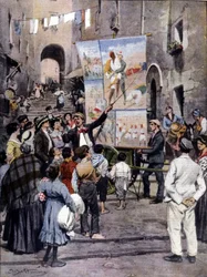 Die Poesie des Krieges: Die neuesten populären Lieder, inspiriert vom Libyenkrieg, werden in den Straßen von Neapel von Straßenkünstlern gesungen. Ill. von Beltrame. La Domenica del Corriere. 1912