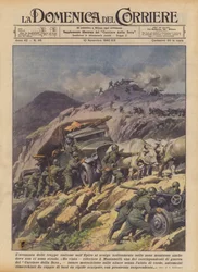 Der Vormarsch italienischer Truppen in Epirus erfolgt kühn in bergigen Gebieten, selbst dort, wo es keine Straßen gibt (Farblitho)