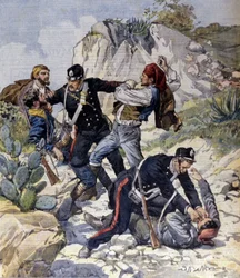 Die Verhaftung von drei gefährlichen Räubern in der Nähe von Trapani auf Sizilien (Illustration von Beltrame, La Domenica del Corriere, 23. Februar 1902)