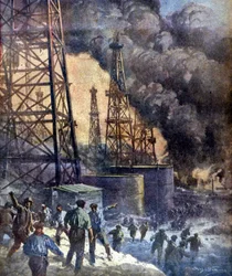 Die Hölle aus Feuer und Flammen. Das Signal Hill Ölquellenfeuer in Kalifornien. Ill. von W. Beltrame. „La Domenica del Corriere“, 28/12/1924.