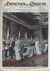 Das Königspaar Viktor Emanuel III. (Victor-Emmanuel) (Vittorio Emanuele III) (1869-1947) und seine Frau Helena von Montenegro, gefolgt von Prinz Umberto II. und Marie José (Marie-José von Belgien, Maria José von Savoyen), begeben sich zur Cappella Paolina