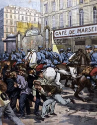 Die Arbeiterstreiks in Marseille: Die Husaren greifen auf der Canebière an. Illustration von Beltrame. La Domenica del Corriere. 1901