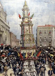 Traditionelles sizilianisches Fest: Ein Wagen wird in einer Prozession nach Casteltermini (Girgenti) geführt. Ill. von Beltrame. La Domenica del Corriere. 1904