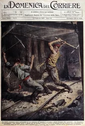 Zwei französische und portugiesische Bergleute kämpfen mit ihren Äxten in einer Galerie wegen einer Liebesgeschichte - Zeichnung von A. Beltrame, in „La Domenica del Corriere“ vom 1. Februar