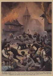 Ein Dorf durch Feuer zerstört