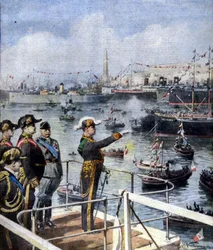 Besuch von Benito Mussolini in Genua: Der Duce grüßt die Stadt von der Esperia-Brücke (Illustration von Beltrame, La Domenica del Corriere, 6. Juni 1926)