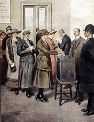 Frauen wählten zum ersten Mal in England. 1919. Illustration von A. Beltrame. La Domenica del Corriere