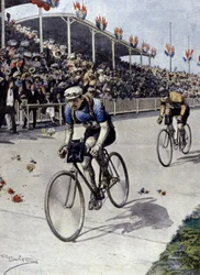 Radfahrer Peer Breton, Gewinner der Tour de France 1908. Illustration von Achille Beltrame