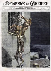 Flucht von drei Gefangenen aus dem Gefängnis von Finalmarina in Italien im Jahr 1907. Illustration von Achille Beltrame für die Domenica del Corriere vom 3. März