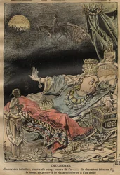 Karikatur auf Königin Victoria von Achille Lemot (1846-1909) - 1899 - Albtraum - mehr Schlachten, mehr Blut, mehr Gold...