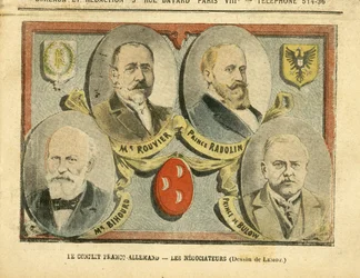 Illustration von Achille Lemot (1846-1909) in Le Pelerin, 09/07/05 - Der französisch-deutsche Konflikt, die Verhandlungsführer - Kolonisation Kolonialismus Kolonien, Deutschland Preußen, Marokko, Frankreich, Tanger - Rouvier Maurice (1842-1911), Bulow Bern