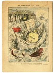 Illustration von Achille Lemot in Le Pelerin, 20/06/09 - In Verderben - Radikalismus, Wahlen, Antimakonismus, Meeresküste, Fünfzehntausend, Parlamentarische Entschädigungen, Radikale und Radikal-Sozialistische Partei - Fisch, Hai - Tiere