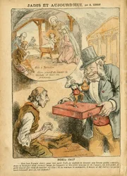 Illustration von Achille Lemot (1846-1909) in Le Pelerin, 22/12/07 - Früher und Heute - Ruhestand der Arbeiter, Antiparlamentarismus, Religion Glaube, Noel, Kammer der Abgeordneten Hemicycle, Fünfzehntausend, Parlamentarische Entschädigungen, Katholizismus