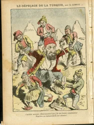 Illustration von Achille Lemot (1846-1909) in Le Pelerin, 25/10/08 - Die Zerstückelung der Türkei - Türkei, Religion Glaube, Balkan, Bulgarien, Bosnien Herzegowina, Kreta, Katholizismus - Abdul-Hamid II (1842-1918)