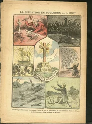 Illustration von Achille Lemot (1846-1909) in Le Pelerin, 28/02/09 - Die Situation in Farbe - Religion Glaube, Maritime Marine Küste, Atheismus, Unfälle Katastrophen, Naturkatastrophe, Christliches Kreuz, Katholizismus - Goldenes Kalb