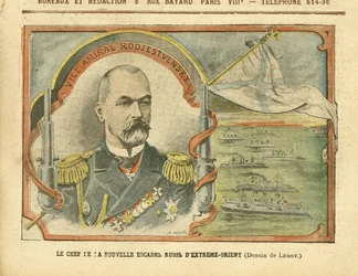 Illustration von Achille Lemot (1846-1909) in Le Pelerin, 30/04/05 - Der Befehlshaber des neuen russischen Fernostgeschwaders - Russland, Armee, Marine, Meer, Küste, Kriegsschiffe - Admiral, Admirale, Roschestwenski (Sinowi Roschestwenski)