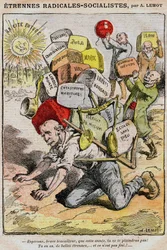 Radikal-Sozialisten: Karikatur von Achille Lemot (1846-1909) in Le Pelerin (1909) - ein Arbeiter bricht unter der Last von Steuern, Steuern und Unannehmlichkeiten zusammen, die sich aus der Misswirtschaft der Regierung und Georges Clemenceau ergeben - Stre