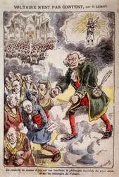 Voltaire ist nicht zufrieden mit Achille Lemot (1846-1909) - Karikatur über die Freimaurer - in „Pèlerin“ vom 25.04.1909 (Gravur)