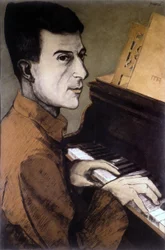 Porträt von Maurice Ravel am Klavier - Lithografie von Ouvré