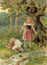 Der Bruder trinkt aus dem Bach