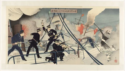 Kabayama, Chef des Marinekommandos, greift ein feindliches Schiff mit der Seikyō Maru an