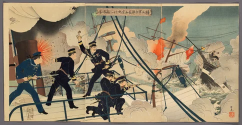 Kabayama, der Chef des Marinestabs, greift feindliche Schiffe von Bord der Saikyomaru an