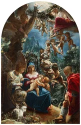 Die Heilige Familie mit dem kleinen Johannes dem Täufer und Engeln