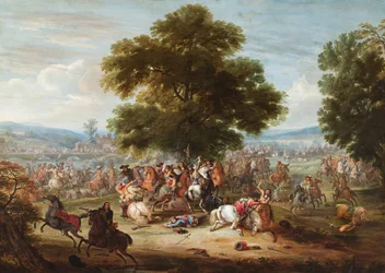 Ein Kavalleriegefecht in einer bewaldeten Landschaft, eine Brücke in der Ferne