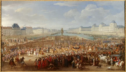 König Ludwig XIV. (1638-1715) überquert in seiner Kutsche den Pont Neuf