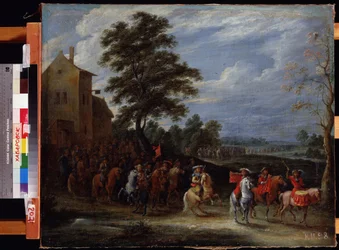 Kavallerieregiment zieht über ein Anwesen