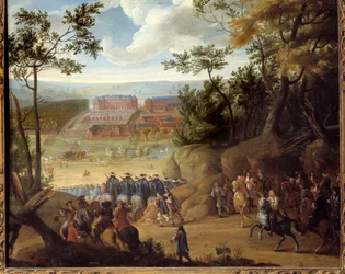 Ansicht von Versailles im Jahr 1664 mit dem König von Frankreich Ludwig XIV. (1638-1715) und einer Kompanie Musketiere