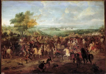 Kutschfahrt von König Ludwig XIV., Königin Marie Therese von Österreich, Dauphin Louis und Dauphine vor dem Schloss von Clagny in Versailles