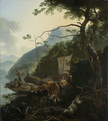 Am Ufer eines italienischen Sees vertäute Bootsleute, 1650-70