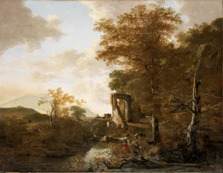 Landschaft mit gewölbtem Tor (Landschaft mit einem Steintor und Teich)