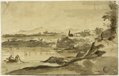 Landschaft mit Fischer im See