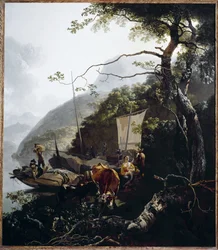 Segelboot, das am Strand eines Sees anlegt, ca. 1660