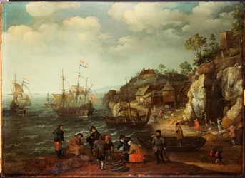 Küstenszene mit Fischern und Jägern am Ufer, 1626