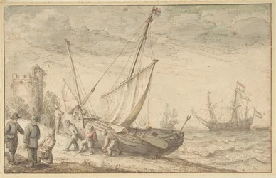 Fischerleute ziehen ihr Boot an Land, o.D.