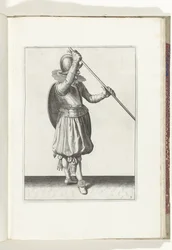 Die Übung mit Schild und Spieß: der Soldat mit dem Spieß schräg in beiden Händen mit der rechten Hand am Kopf und dem Schild auf dem Rücken (Nr. 3), 1618