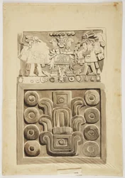 Steinrelief aus Mexiko-Stadt mit zwei Kriegerfiguren und einem dekorierten Tisch