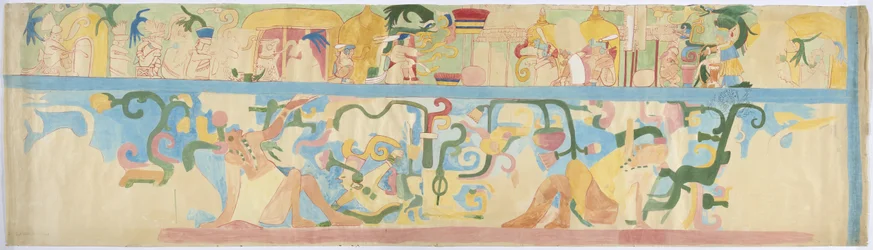 Kopie eines Wandgemäldes von der Südwestwand, Oberer Tempel der Jaguare, Chichen Itza, Mexiko