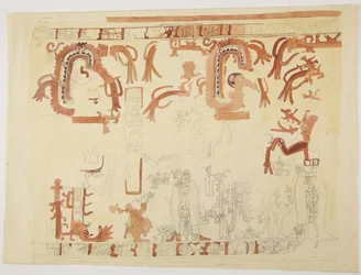 Design von einem Topf aus Belize (ehemals Britisch-Honduras). Design beinhaltet menschliche Figuren und gefiederte Schlangen