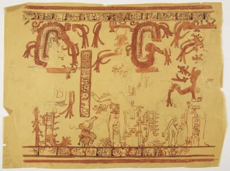 Design von einem Topf aus Belize (ehemals Britisch-Honduras). Design beinhaltet menschliche Figuren und gefiederte Schlangen