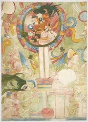 Gemälde, das einen Teil des südlichen Panels der Westwand darstellt, Oberer Tempel der Jaguare, Chichen Itza, Mexiko