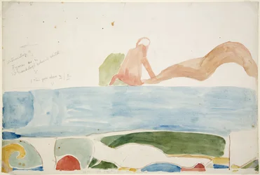 Gemälde eines Teils eines Wandgemäldes (abstrakte Darstellung eines Menschenopfers) über der inneren Tür, innere Kammer des Oberen Tempels der Jaguare, Chichen Itza, Mexiko