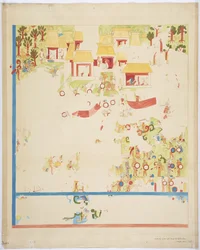 Viertelmaßstab Kopie eines Gemäldes vom südlichen Endpaneel, Ostwand, innere Kammer, Oberer Tempel der Jaguare, Großer Ballspielplatz, Chichen Itza, Mexiko