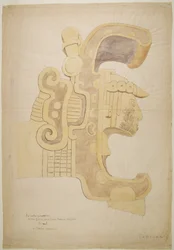 Ruinen/Steinreliefs am Tempel von Uxmal, Mexiko, reich verziertes geschnitztes Kopf