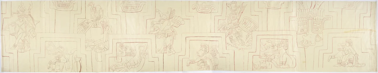 Abzeichnung eines bemalten Reliefs von bemalten Stuckreliefs von der Fassade eines Hügels oder einer Pyramide in Acanceh, Mexiko